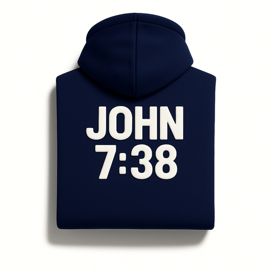 Navy blue Christian hoodie from Savior Brand featuring “JOHN 7:38” scripture printed on the back, folded back view.