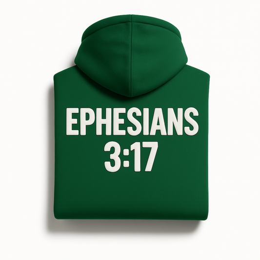 Green Christian hoodie from Savior Brand featuring “Ephesians 3:17” scripture printed on the back, folded back view