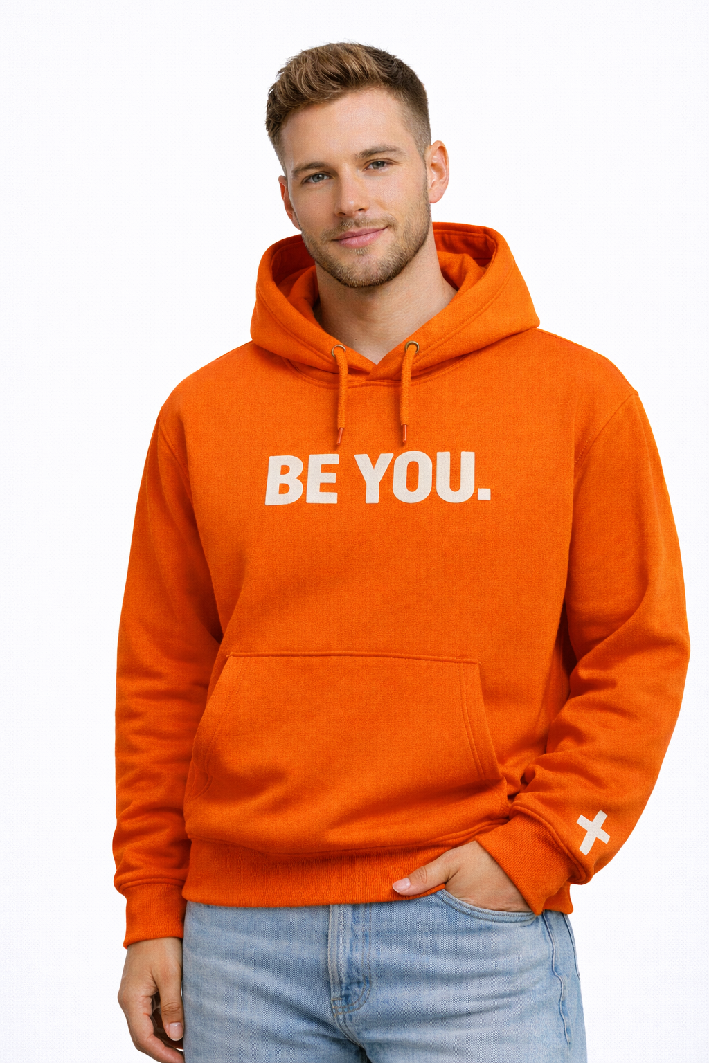 Man wearing an orange hoodie with 'BE YOU.' text on a white background