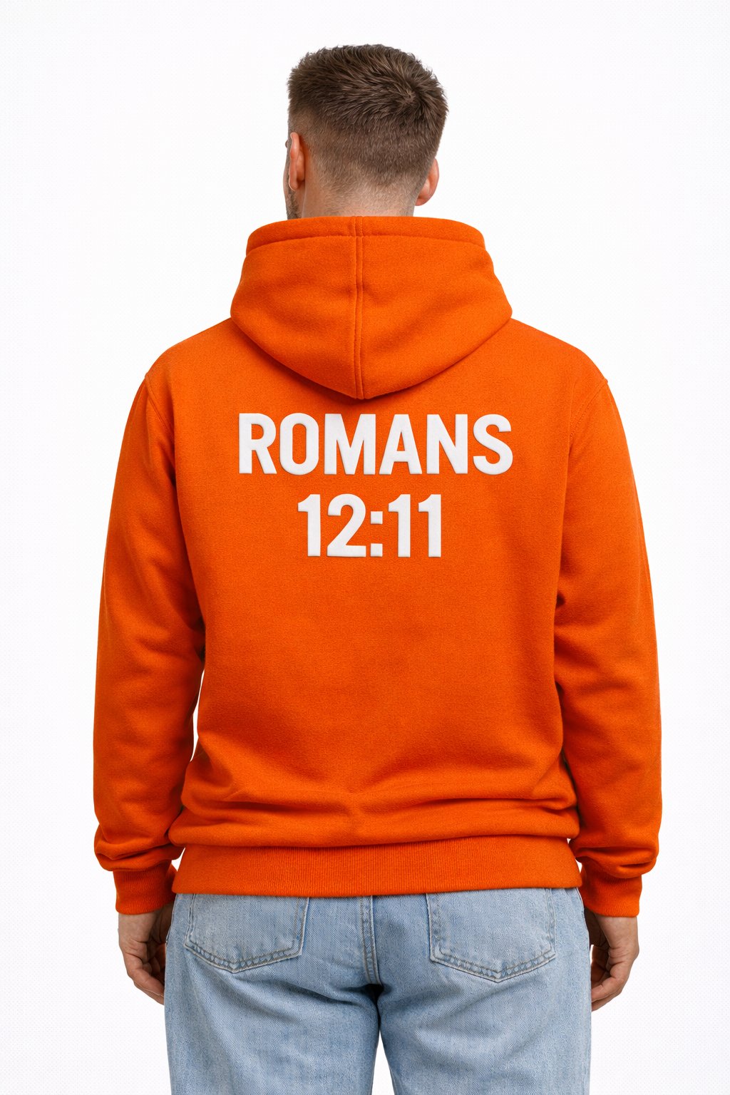 Men wearing an orange hoodie with 'ROMANS 12:11' text on the back, standing against a white background.