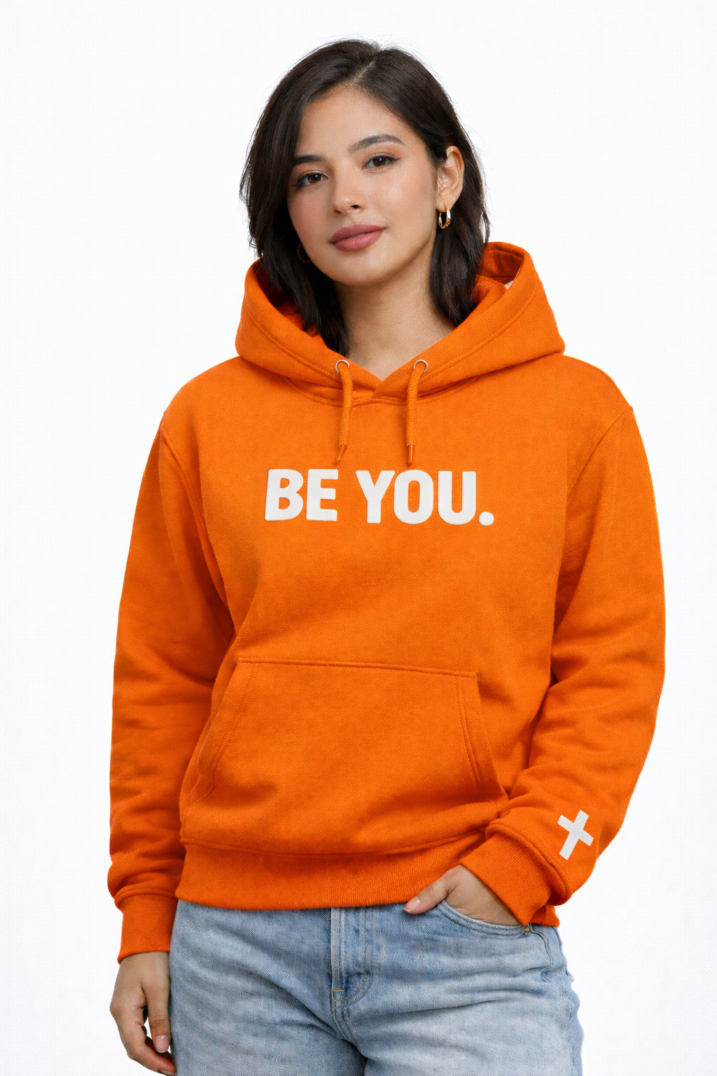 Person wearing an orange hoodie with 'BE YOU.' text on a white background
