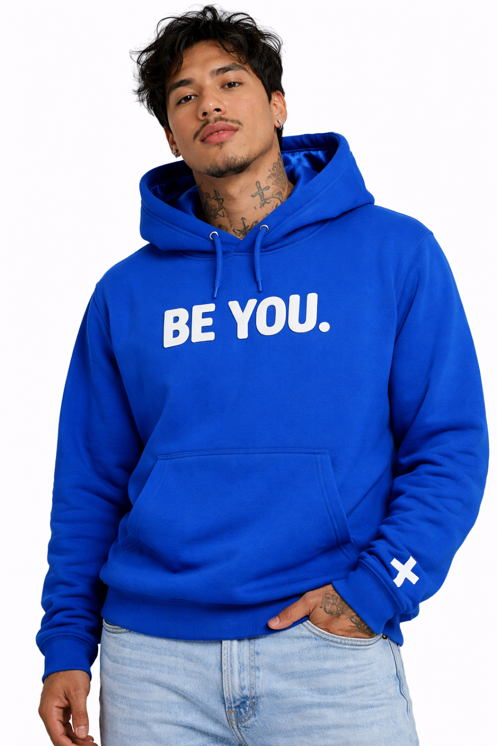 Person wearing a blue hoodie with 'BE YOU.' text on a white background