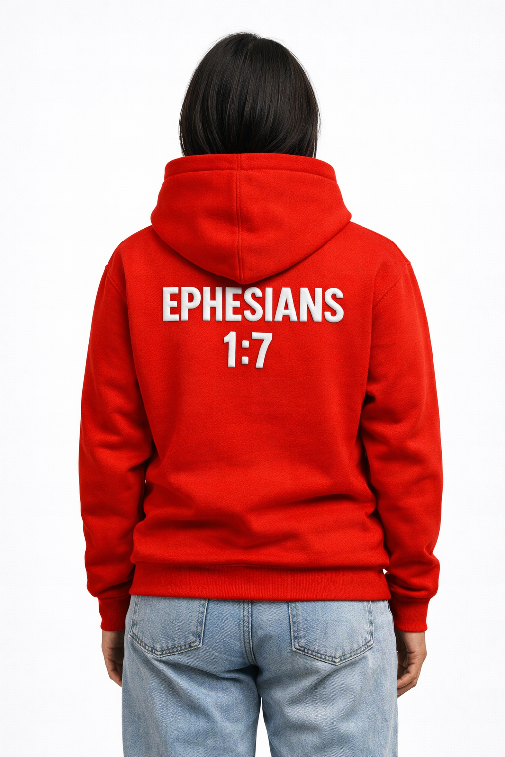 Person wearing a red hoodie with 'EPHESIANS 1:7' text on the back, standing against a white background.