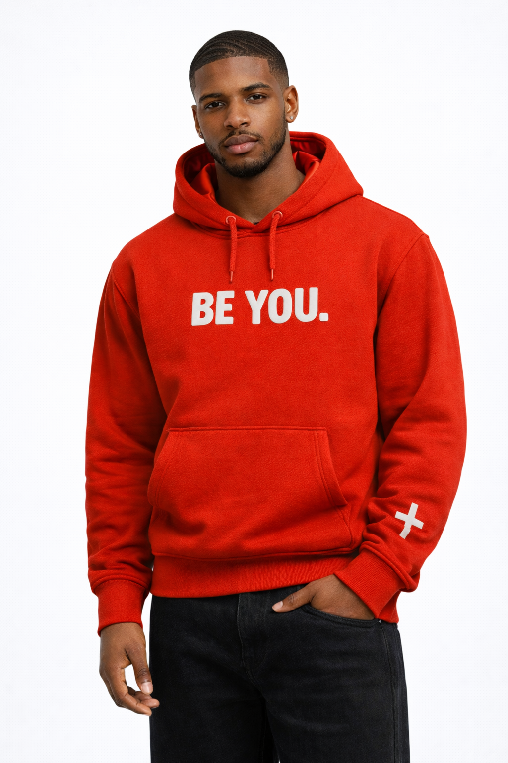 Man wearing a red hoodie with 'BE YOU.' text on a white background