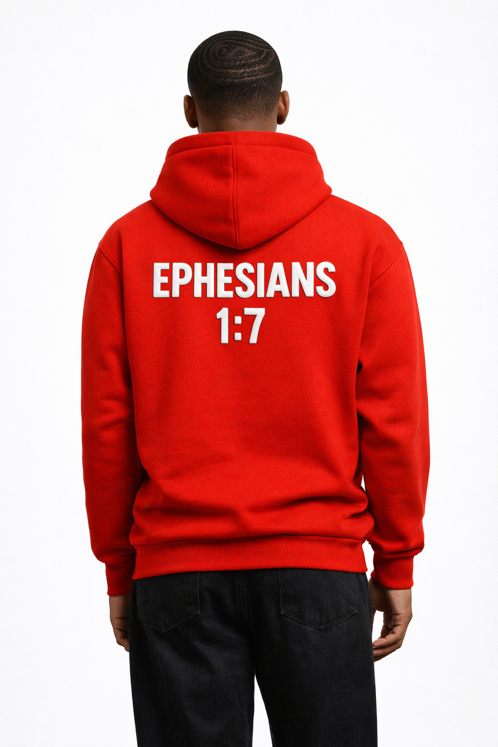 Man wearing a red hoodie with 'EPHESIANS 1:7' printed on the back against a white background