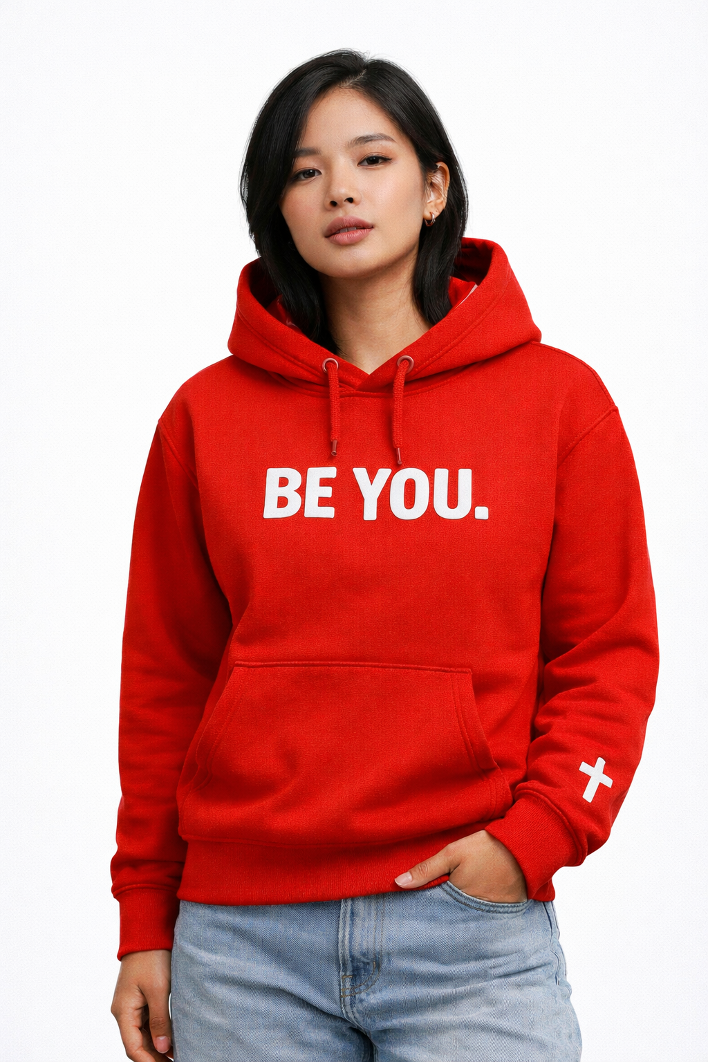 women wearing a red hoodie with 'BE YOU.' text on a white background