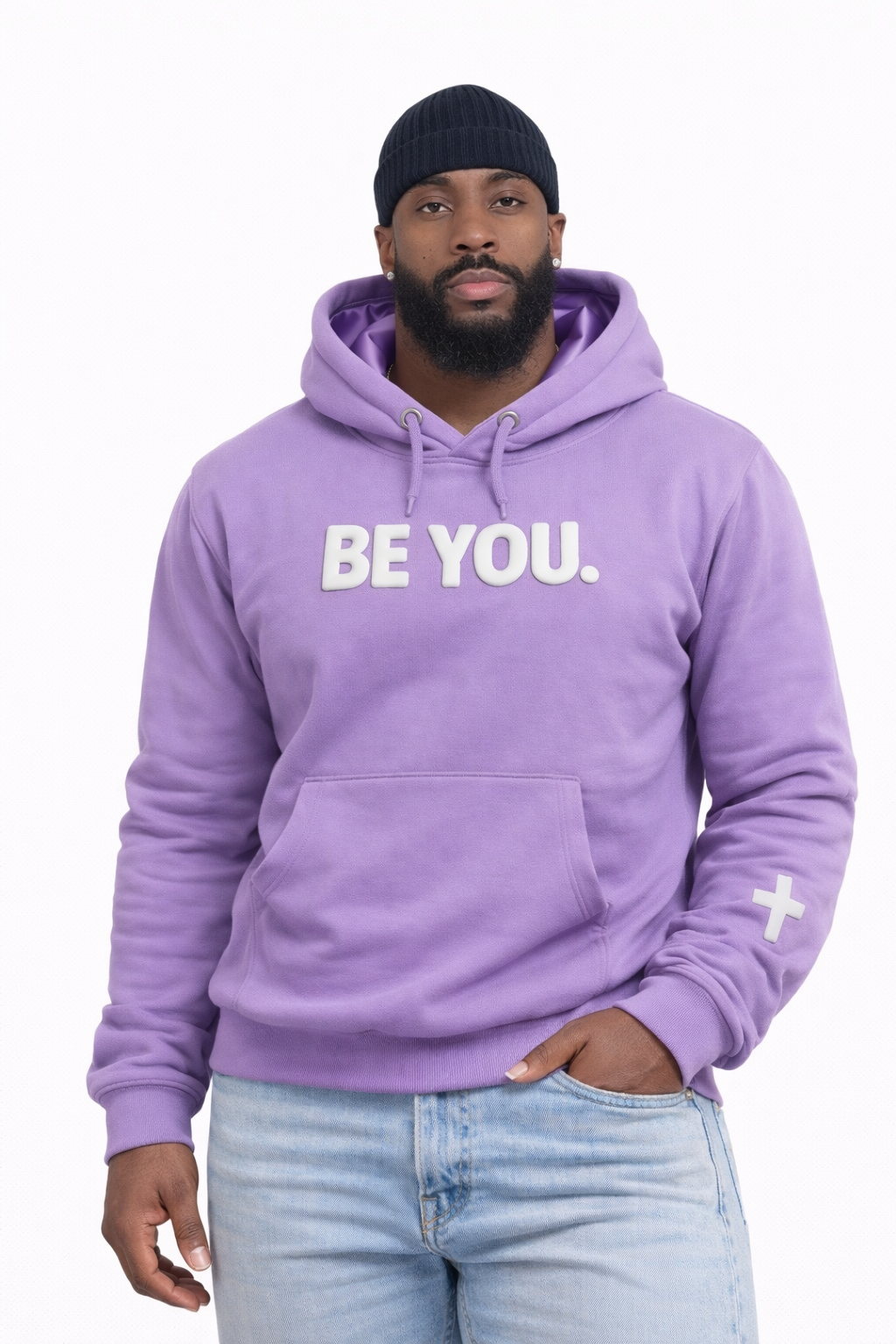 Man wearing a purple hoodie with 'BE YOU.' text on a white background