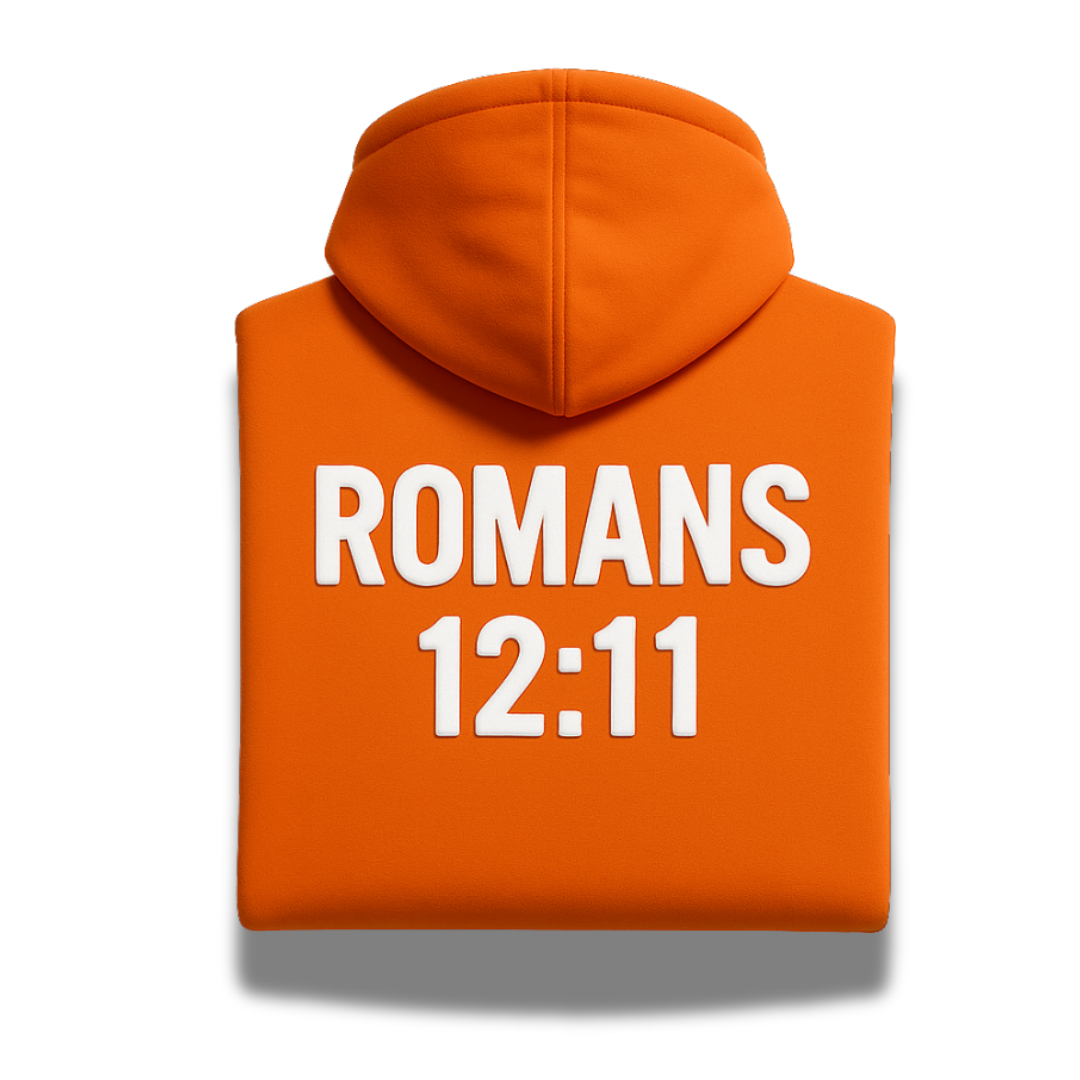 Orange satin-lined Ablaze hoodie from Savior Brand, back view displaying bold white “Romans 12:11” Bible verse design.