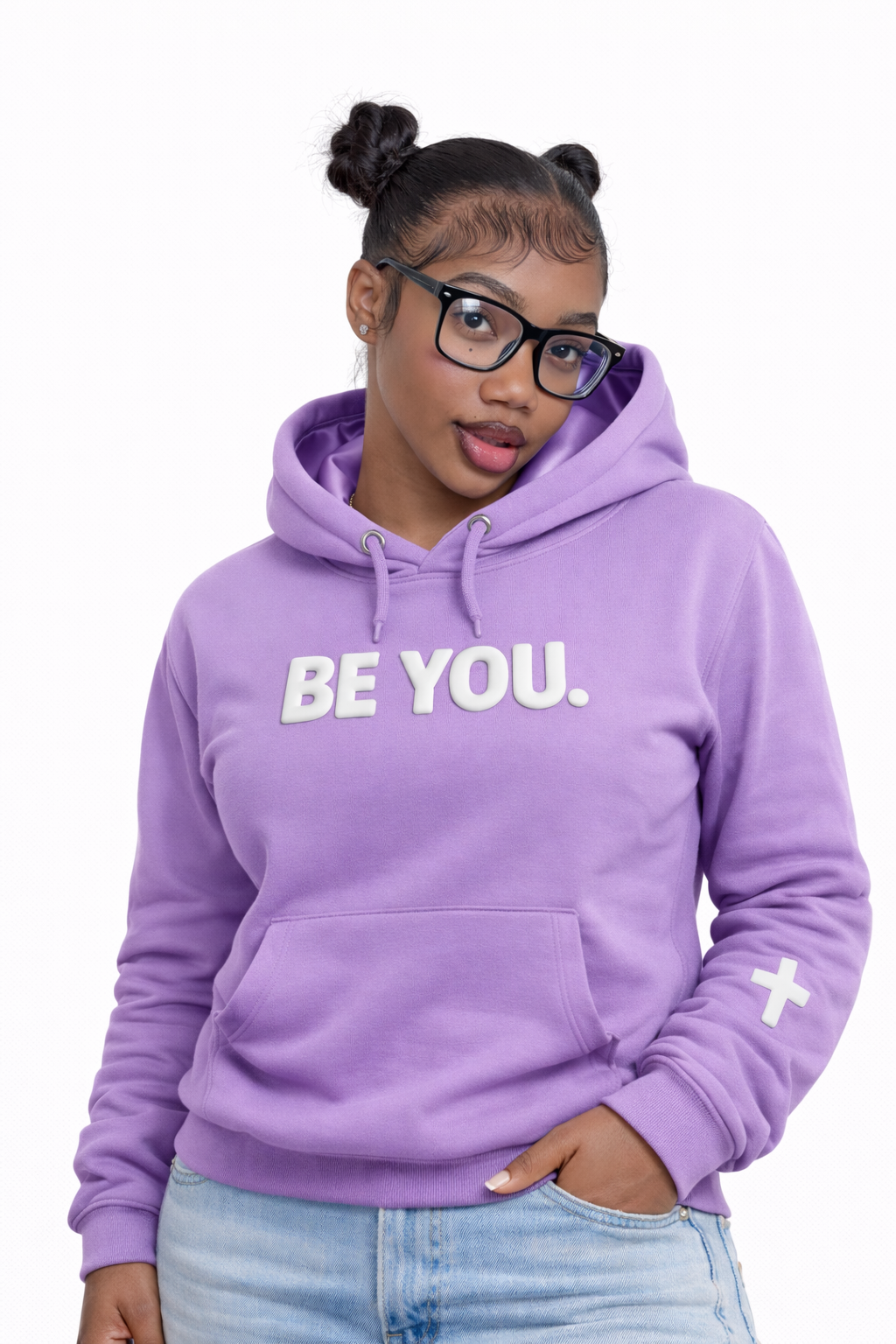 Person wearing a purple hoodie with 'BE YOU.' text on a white background