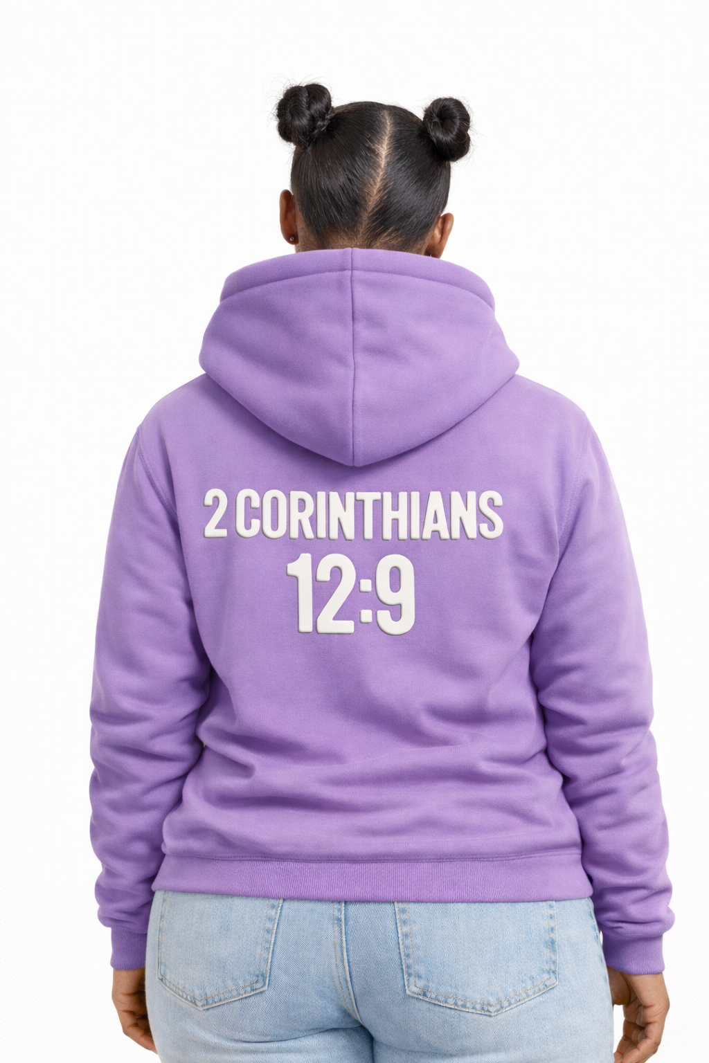 Person wearing a purple hoodie with '2 Corinthians 12:9' printed on the back, standing against a white background.