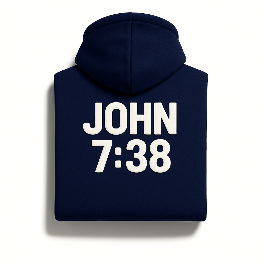 Navy blue Christian hoodie from Savior Brand featuring “JOHN 7:38” scripture printed on the back, folded back view.