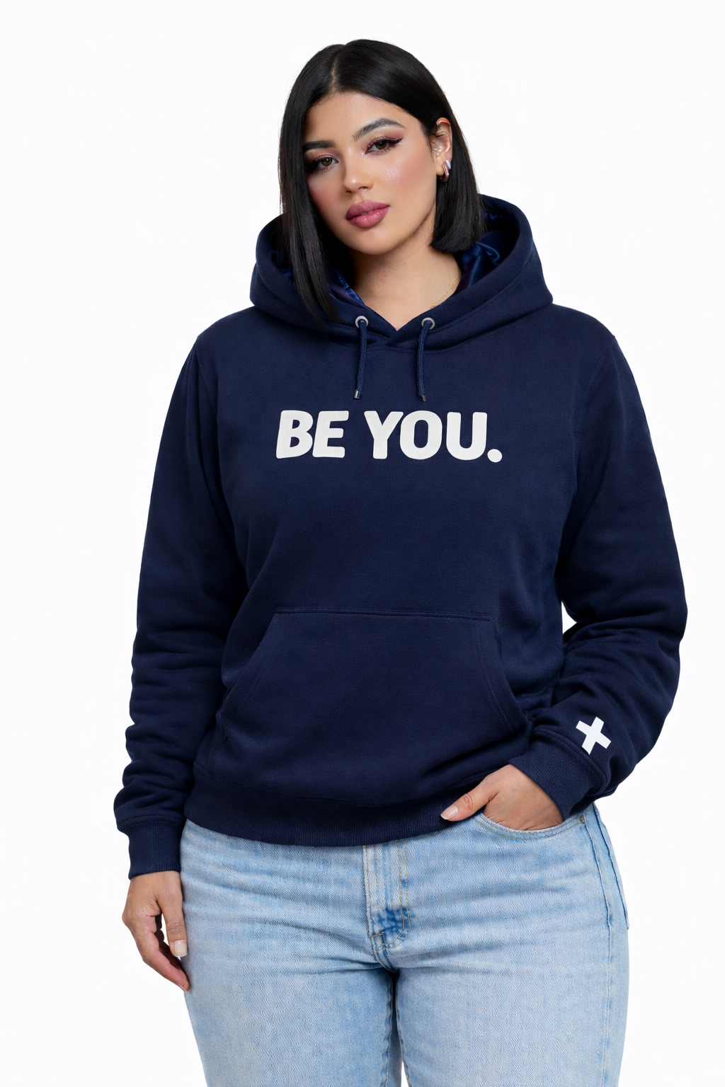 Person wearing a navy hoodie with 'BE YOU.' text on a white background