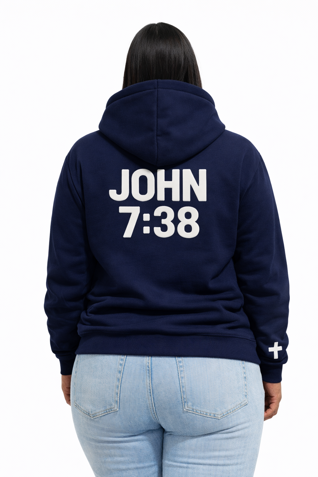 Navy blue hoodie with 'JOHN 7:38' printed on the back, worn by a person.