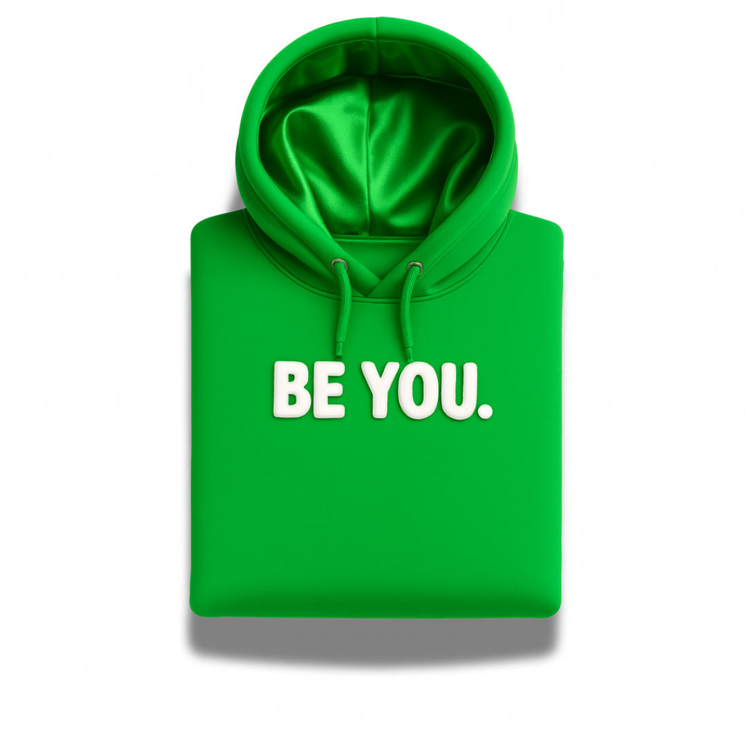 Green satin-lined “BE YOU” Christian hoodie from Savior Brand, folded front display with bold white lettering.